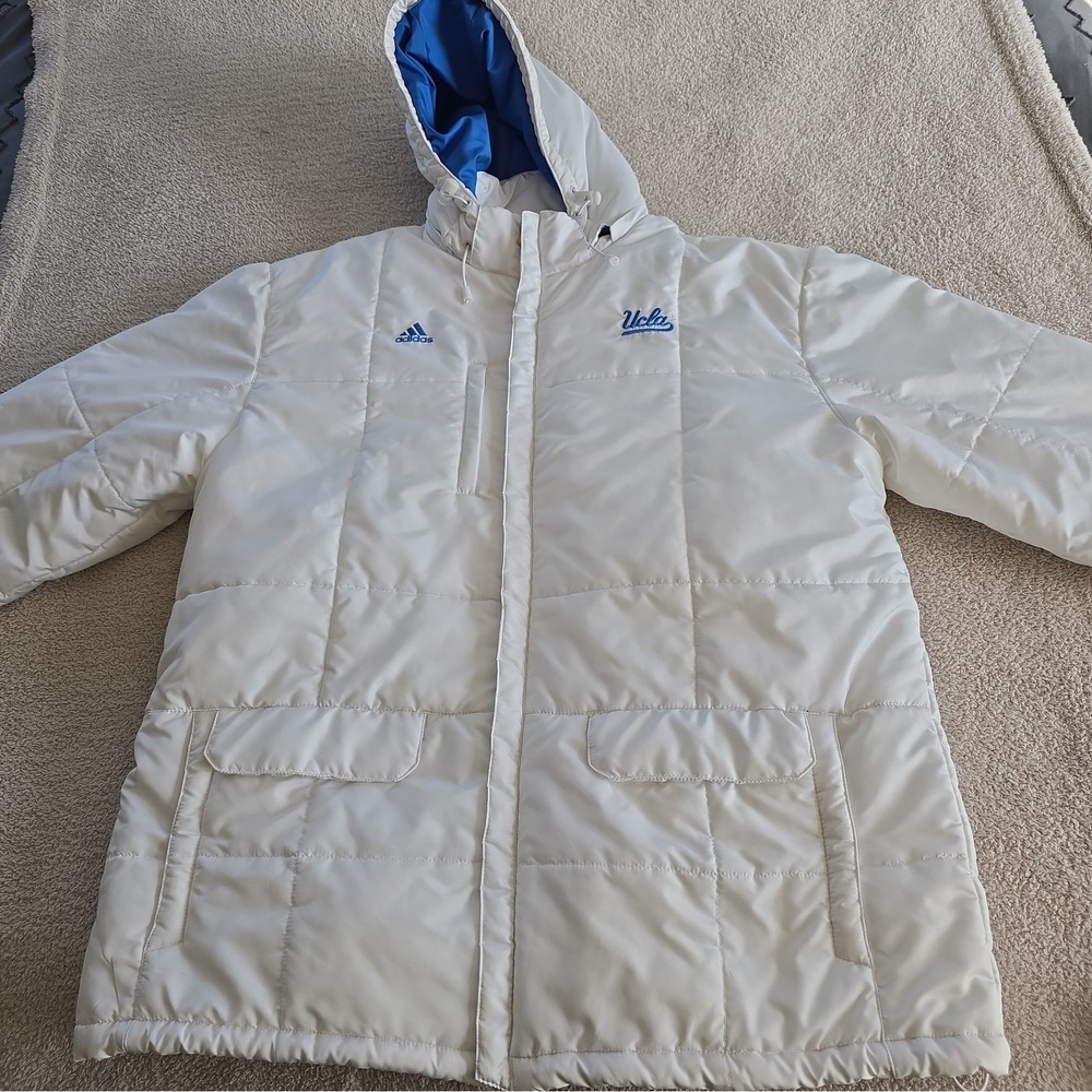 Adidas UCLA Bruins Football Sideline Puffer Parka Hooded Jacket Unisex L White